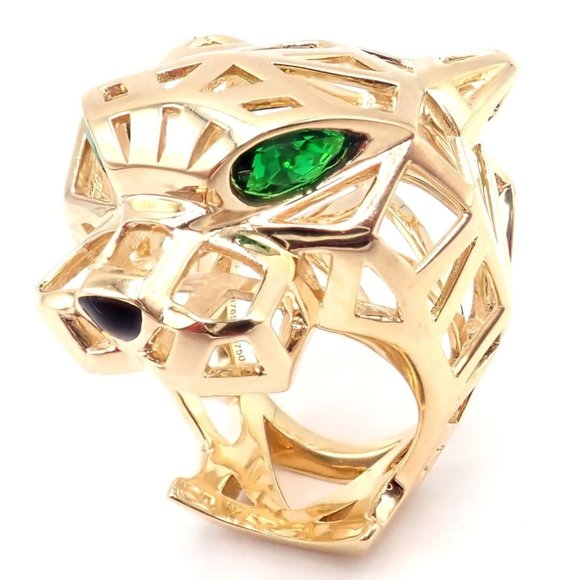 Authentic! Cartier Panther Panthere 18k Yellow Gold Tsavorite Onyx Large Ring - Picture 2 of 12